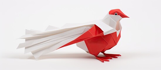 Wall Mural - A group of origami birds in various colors soar together, guided by a vibrant orange bird, against a white background with copy space image.