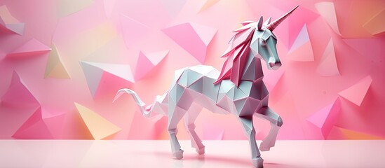 Wall Mural - Pink origami unicorn isolated on a white background with copy space image.