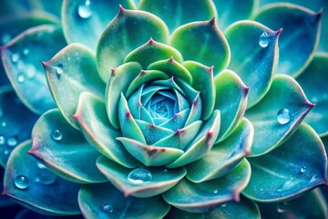 Close up succulent flower head with water rain drop , a blue nature plant tone