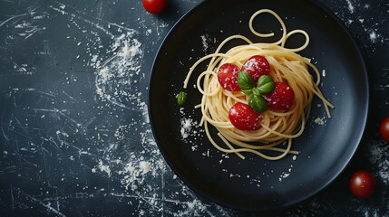 Wall Mural - Dark plate with Italian spaghetti on a dark background.