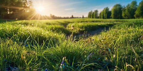 Wall Mural - Green field with Beautiful natural landscape of a blue sky with sunset, Spring summer blurred background