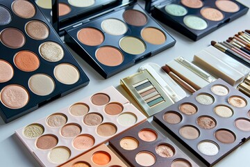 Poster - A close-up shot of various eye shadow palettes and highlighters organized on a light background. The palettes feature rich, diverse colors arranged in neat rows. Generative AI