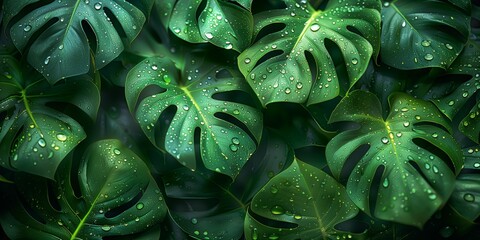 Wall Mural - High-resolution nature photography of a large monstera leaf with water droplets perfect for botanical and green themes