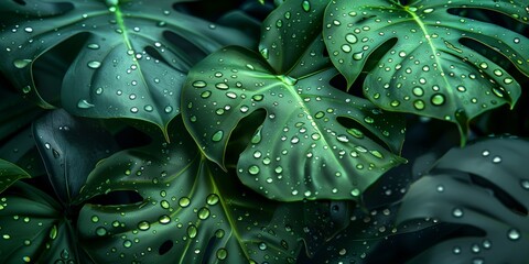 Wall Mural - High-resolution nature photography of a large monstera leaf with water droplets perfect for botanical and green themes