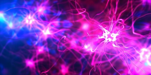 Wall Mural - Luminescent neural cells with glowing knots transmitting electrical and chemical signals. Concept Bioluminescent Cells, Neuronal Networking, Glowing Knots, Transmission Pathways, Chemical Signaling