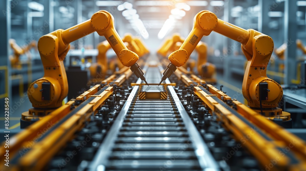 Industrial robotics in modern factory. Robotic arms working seamlessly ...