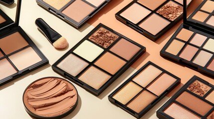 Aufkleber - A close-up of various contouring and highlighting palettes arranged on a light background. Generative AI