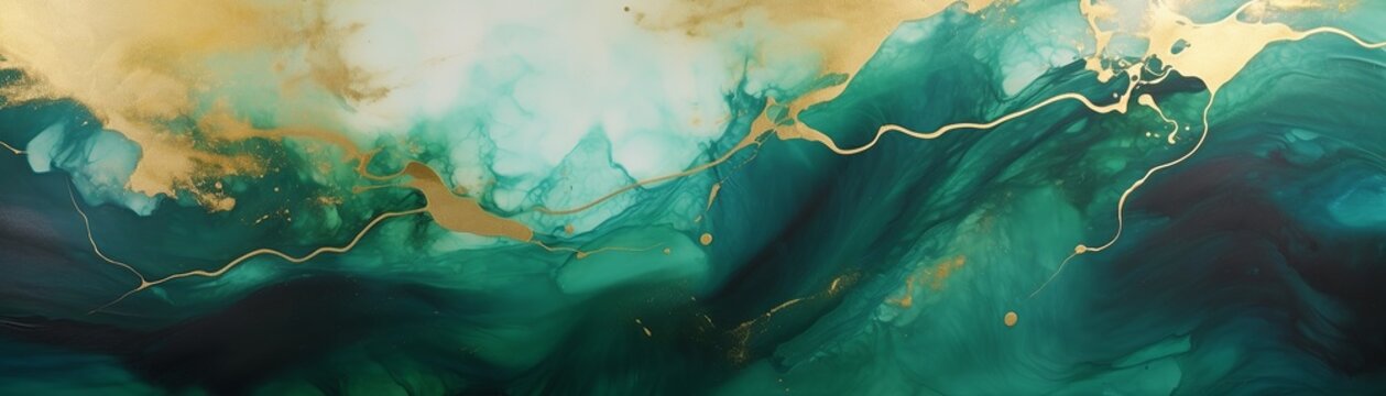Abstract green and gold watercolor background. , paint style