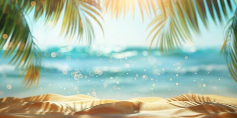  a paradise beach with golden sand and palm leaves in blur