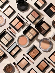 Poster - Various makeup palettes and highlighters arranged in an elegant and organized display on a light background. Generative AI