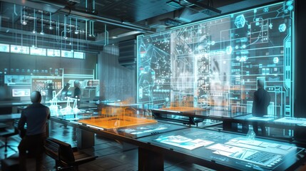 Poster - a futuristic competition features architects presenting holographic models to expert judges, buzzing
