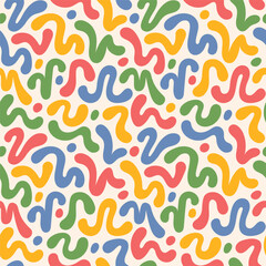 Aufkleber - Bold squiggles, doodles, wiggling lines colorful seamless repeat vector pattern. Liquid, organic y2k style, groovy, wavy stripes. Fluid paint stains, trendy 60s retro chaotic background. Blob shapes.