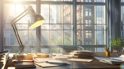 Poster - An elegant office with a lamp-lit desk, organized documents, and city views, creates an inspiring workspace.