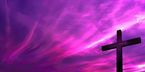 Sticker - A Wooden Cross in a Religious Lenten Setting Under a Purple Sky. Concept Lenten Symbolism, Religious Decor, Wooden Cross, Purple Sky, Outdoor Setting