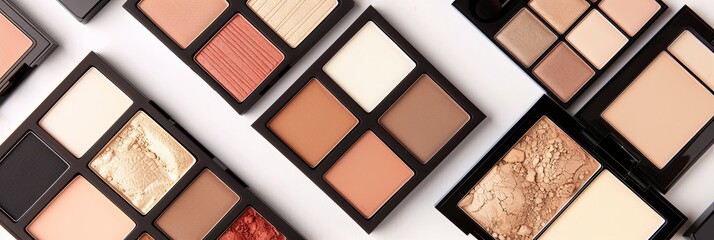 Poster - A close-up view of assorted contouring palettes and highlighters organized on a white background. Generative AI