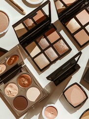 Aufkleber - A flat lay of various makeup palettes, including contouring and highlighting options, arranged on a white surface. Generative AI