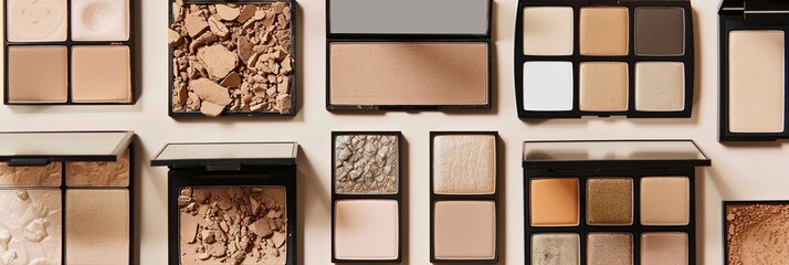 Aufkleber - A flat lay of various contouring and highlighting palettes, featuring a mix of warm tones, organized on a light background. Generative AI