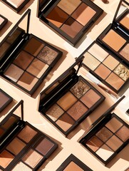 Poster - Multiple eyeshadow palettes arranged on a light background, featuring warm brown and gold tones. Generative AI