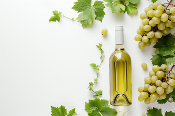 Wall Mural - Unopened bottle of white wine with blank label, empty wineglass & bunches of different grapes on white background. Expensive bottle of chardonnay concept. Copy space, top view, flat lay	