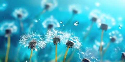 Droplets of water in Dandelion Seeds on blue beautiful background, Drops of sparkle on dandelion in rays of light