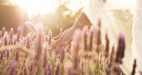 Lavender flower, walking and hand of woman in field for calm, peace, aromatherapy in nature. Plants, outdoor and bride with wedding ring for marriage, natural fragrance or spring blossom in Spain