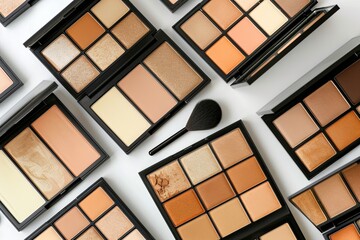 Poster - A close-up shot of various contouring and highlighting palettes arranged on a white background. The palettes feature a variety of shades and textures, perfect for creating a sculpted and radiant look