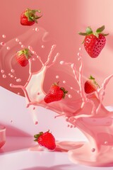 Poster - strawberries splashing into pink milk