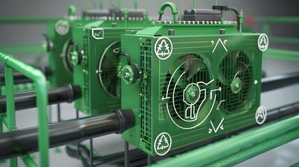 Poster - A 3D rendered of an efficient and eco friendly cooling system with sustainable technology and green symbols  The image showcases the various components and design elements of a modern