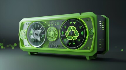 Poster - A highly advanced 3D rendered green cooling system with eco friendly symbols and a sleek modern digital control interface  The design showcases innovative technology focused on sustainability