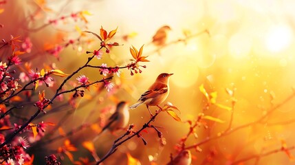 Flock of birds on spring blossom branches, warm sunlight, vibrant.