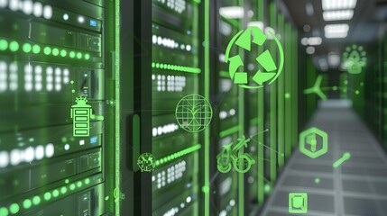 Poster - 3D Rendered Green Data Center Logo with Renewable Energy Symbols
