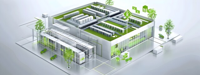 Poster - innovative green data center architecture a sustainable 3d rendered building plan with