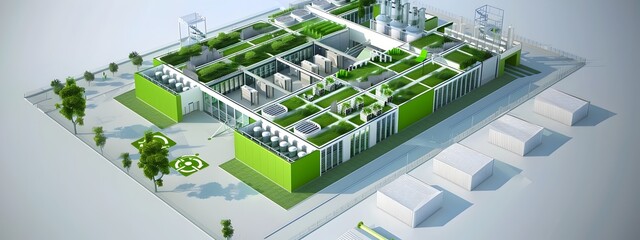 Poster - 3d rendered green data center architecture eco friendly building plan with sustainable symbols