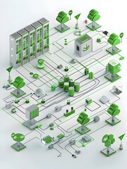 Poster - eco friendly 3d rendered data center diagram with green elements and sustainable technology icons