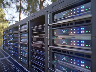 Poster - solar powered data backup system with server racks and solar panels