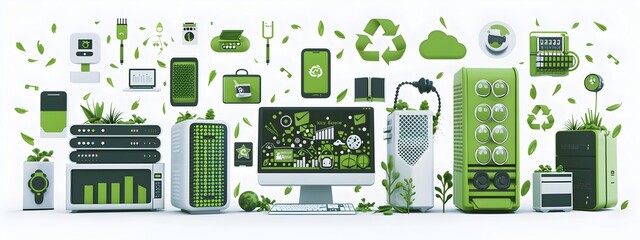 Poster - eco friendly it equipment with green accents and recycling icons in design