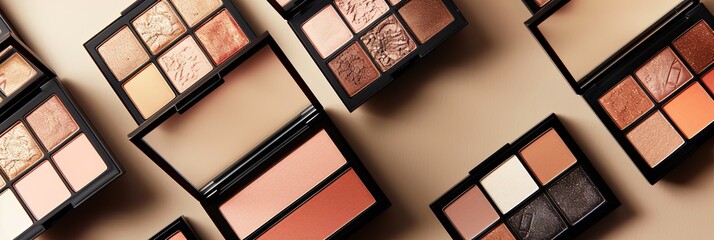 Poster - An assortment of makeup palettes featuring contouring and highlighting shades arranged on a light background. Generative AI