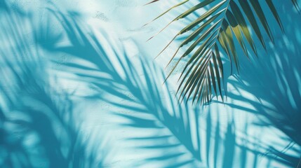 Wall Mural - Blurry palm leaf shadows on a light blue wall Simple abstract backdrop for showcasing products Spring and summer vibes