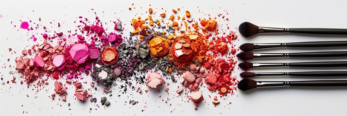 Poster - A close-up view of various makeup brushes covered in vibrant eyeshadow and blush on a white background. Generative AI