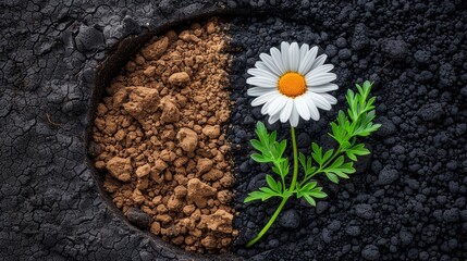 Canvas Print - Dramatic contrast of dry,cracked earth and vibrant green grass with a beautiful blooming flower seen from an overhead aerial view. This natural,tranquil and serene scene captures the dichotomy of the