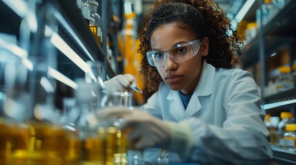 Female scientist conducting research in a laboratory, wearing lab coat and safety glasses, surrounded by various chemical substances.