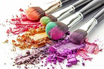 Poster - Close-up of makeup brushes with crushed eyeshadow and blush on a white background. Generative AI