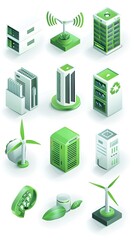 Poster - renewable energy data center icons representing eco friendly power solutions