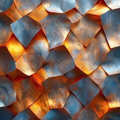Poster - Abstract close-up of metallic and orange geometric shapes illuminated by warm light, creating a stunning and textured visual pattern.