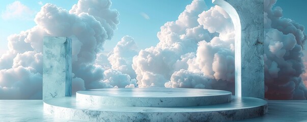 3D render of marble podium with clouds in the background on light blue sky