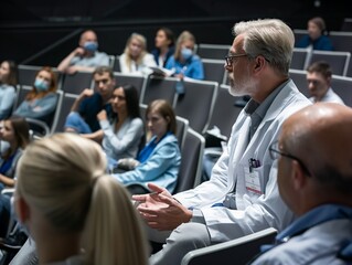 Wall Mural - teaching on a seminar at convention center, medical team sitting and listening presenter