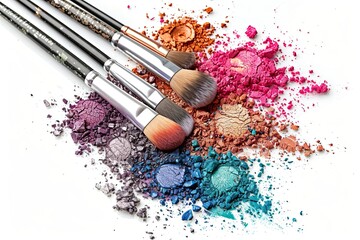 Poster - A collection of makeup brushes with colorful eyeshadow and blush on a white background. Generative AI