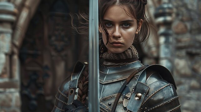 Beautiful woman medieval warrior standing ready for battle wallpaper AI generated image