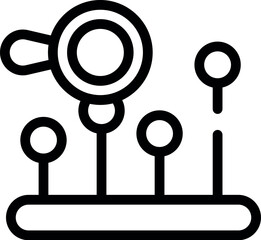 Poster - Abstract network analytics line icon with magnifying glass and connection points in vector illustration for technology data analysis and search optimization infographic design