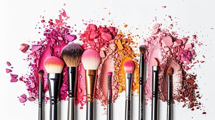 Poster - A close-up image of colorful makeup brushes covered in vibrant eyeshadow and blush. Generative AI